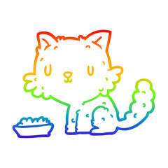rainbow gradient line drawing cute cartoon cat and food