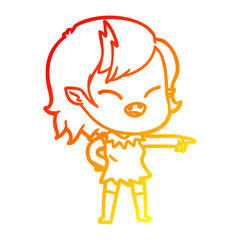 warm gradient line drawing cartoon vampire girl pointing and laughing