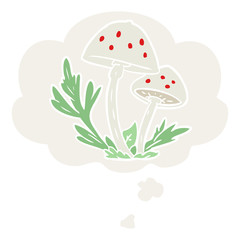 cartoon mushrooms and thought bubble in retro style
