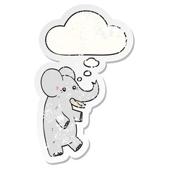 cartoon elephant and thought bubble as a distressed worn sticker