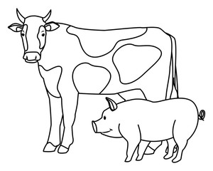 farm, animals and farmer cartoon in black and white