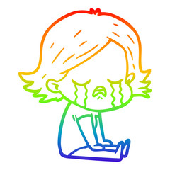 rainbow gradient line drawing cartoon girl crying sat on floor