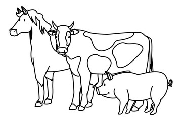farm, animals and farmer cartoon in black and white
