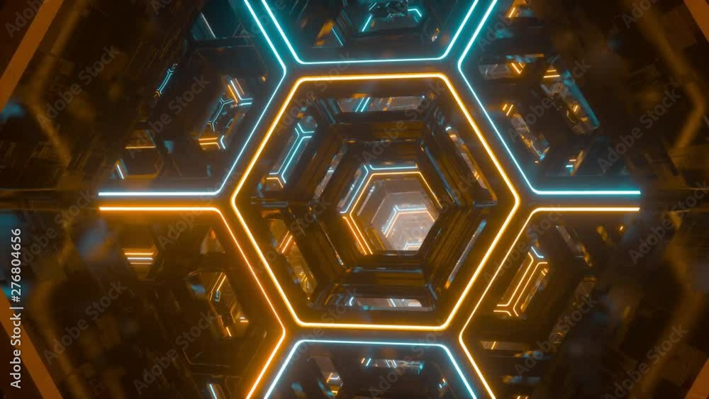 Aufkleber flying through endless futuristic sci fi tunnel. luminous neon glowing hexagons. hyper jump into ano