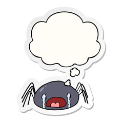 cartoon crying spider and thought bubble as a printed sticker