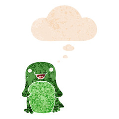 cartoon penguin and thought bubble in retro textured style