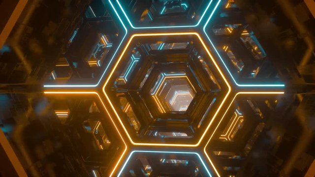 Flying through endless futuristic sci fi tunnel. Luminous neon glowing hexagons. Hyper jump into another galaxy. Abstract creative digital background. Modern colorful illumination. Seamless loop