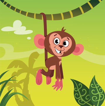 Vector illustration of a monkey hanging from a tree brunch in the jungle.