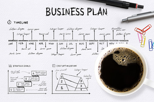 Close-up view from above of a complex written business plan with a cup full of hot coffee, colored paper clips and a pen on paper background