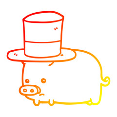warm gradient line drawing cartoon pig wearing top hat