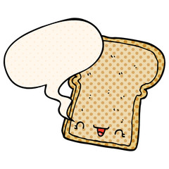 cute cartoon slice of bread and speech bubble in comic book style