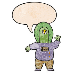 cartoon space alien and speech bubble in retro texture style