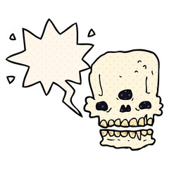 cartoon spooky skull and speech bubble in comic book style
