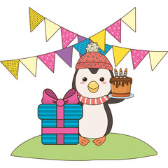 Penguin cartoon with happy birthday icon design