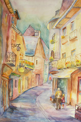 Landscape of an old street of Paris in impressionism styles. Watercolor painting. Narrow street of the medieval city of France  on a summer day