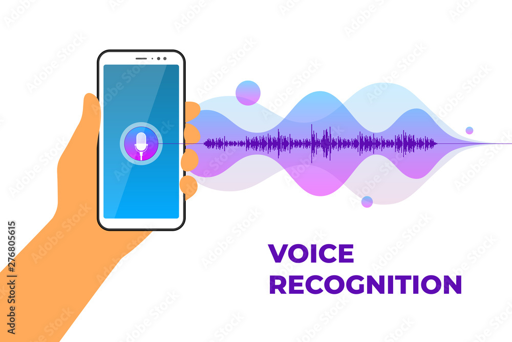 Poster personal assistant and voice recognition mobile app. hand holds smartphone with microphone button on