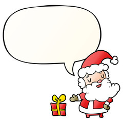 cartoon santa claus and present and speech bubble in smooth gradient style