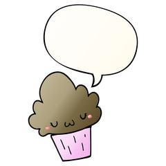 cartoon cupcake and face and speech bubble in smooth gradient style