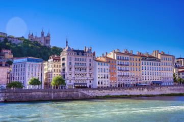 Fototapeta premium A view of Lyon, France along the Saone river in the afternoon.