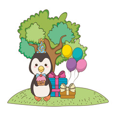Obraz na płótnie Canvas Penguin cartoon with happy birthday icon design