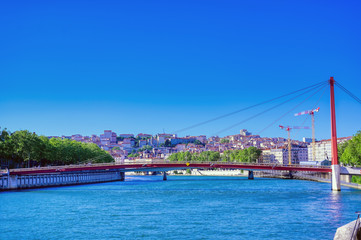 A view of Lyon, France along the Saone river in the afternoon.