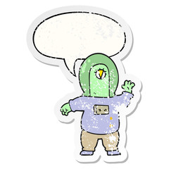 cartoon space alien and speech bubble distressed sticker