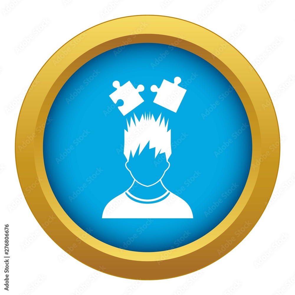 Poster man with puzzles over head icon blue vector isolated on white background for any design