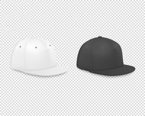 Vector 3d Realistic Render White and Black Blank Baseball Cap Icon Set Closeup Isolated on Transparent Background. Design Template for Mock-up, Branding, Advertise. Side View