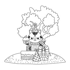 Cat cartoon with happy birthday icon design