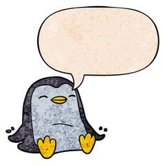 cartoon penguin and speech bubble in retro texture style