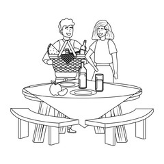 Couple of woman and man having picnic design