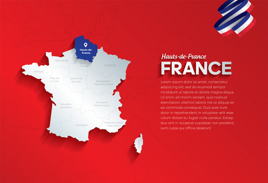 Vector isolated illustration of simplified administrative map and flag  of France. Blue shape of Hauts-de-France. Borders of the provinces (regions). Grey silhouettes.