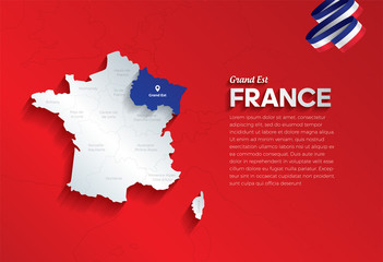 Vector isolated illustration of simplified administrative map and flag  of France. Blue shape of Grand Est. Borders of the provinces (regions). Grey silhouettes.