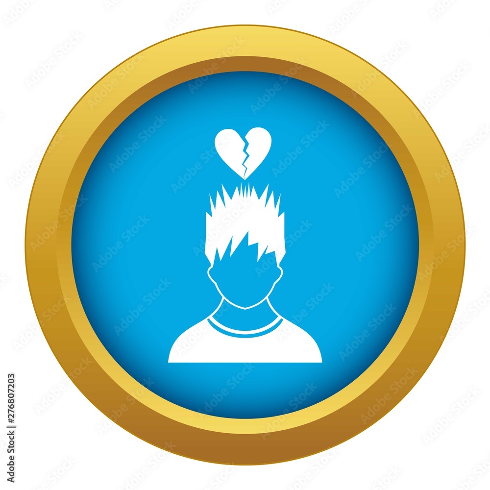 Poster man with broken red heart over head icon blue vector isolated on white background for any design