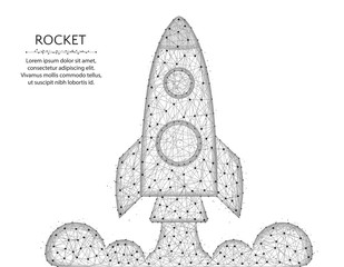 Rocket low poly design, shuttle launch in polygonal style, space ship wire frame vector illustration on a white background