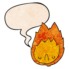 cartoon unhappy flame and speech bubble in retro texture style