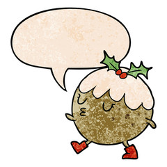 cartoon christmas pudding walking and speech bubble in retro texture style