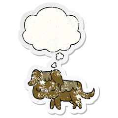 cartoon dog and thought bubble as a distressed worn sticker
