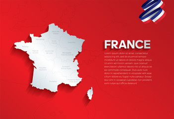 Vector isolated illustration of simplified administrative map and flag  of France. Borders of the provinces (regions). Grey silhouettes.