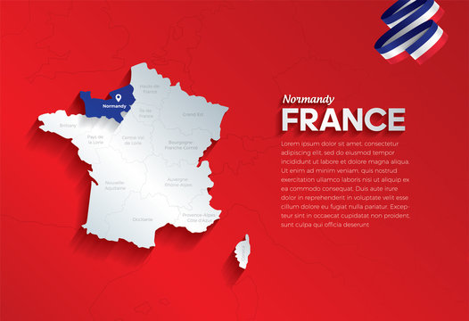 Vector isolated illustration of simplified administrative map and flag  of France. Blue shape of Normandy. Borders of the provinces (regions). Grey silhouettes.