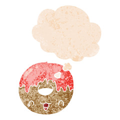 cute cartoon donut and thought bubble in retro textured style