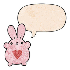 cute cartoon rabbit and love heart and speech bubble in retro texture style