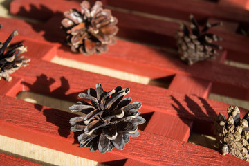 Forest fir cones on the decorative fence on the table