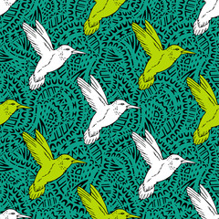 Seamless pattern with hand drawn hummingbird.