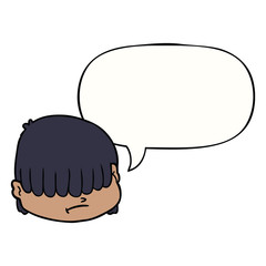 cartoon face and hair over eyes and speech bubble
