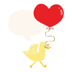 cartoon bird and heart balloon and speech bubble in retro style