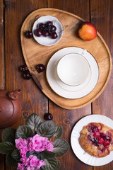 happy  morning . life style shot morning tea with bakery, fruits and flower