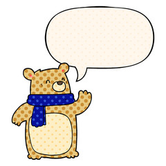 cartoon bear wearing scarf and speech bubble in comic book style