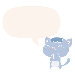 cute cartoon happy little cat and speech bubble in retro style