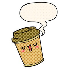 cartoon take out coffee and speech bubble in comic book style